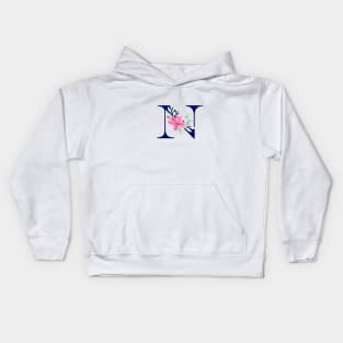 Watercolor Floral Letter N in Navy Kids Hoodie